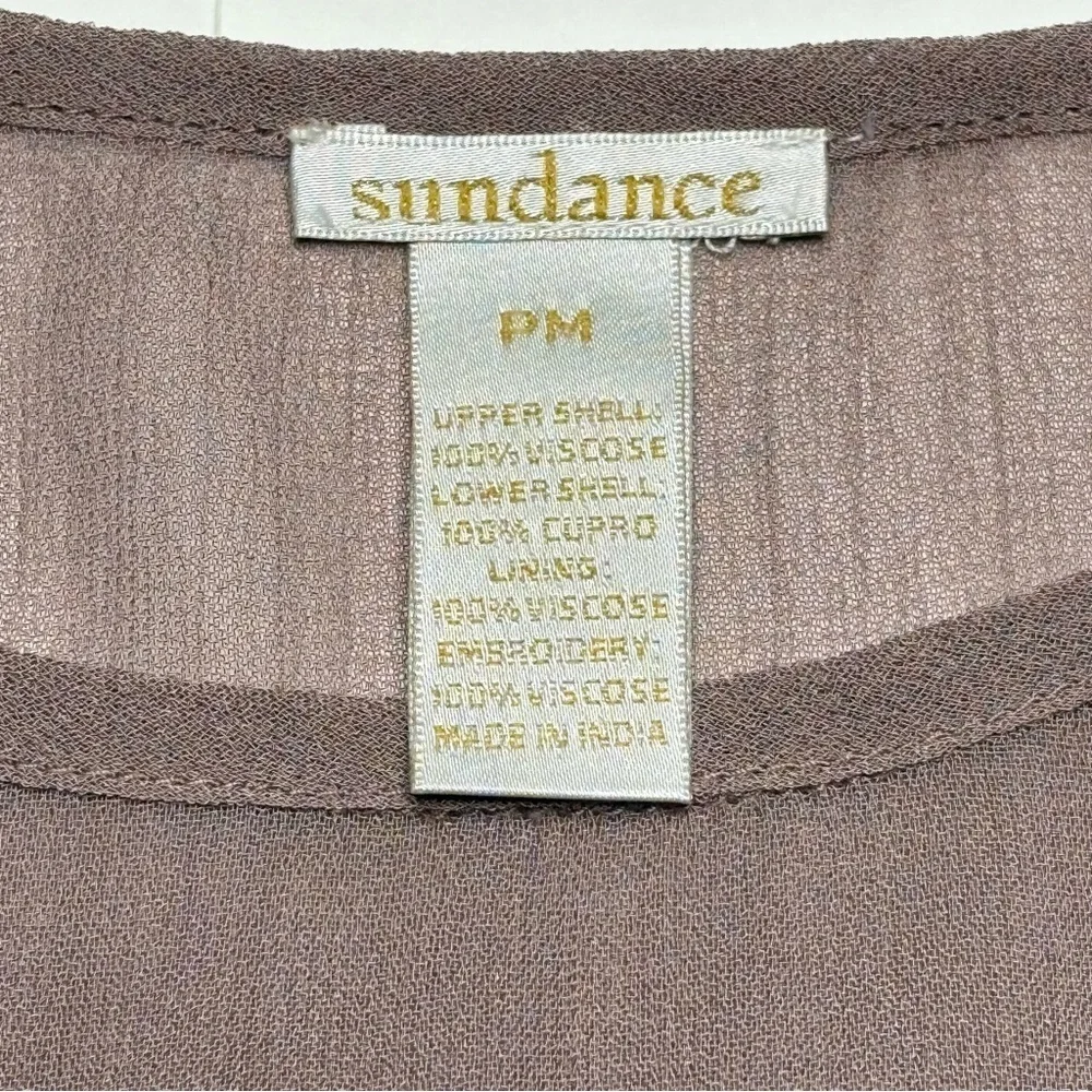 Sundance Angelica Dress Size PM Petite Medium Embroidered Overlay Lined Taupe
